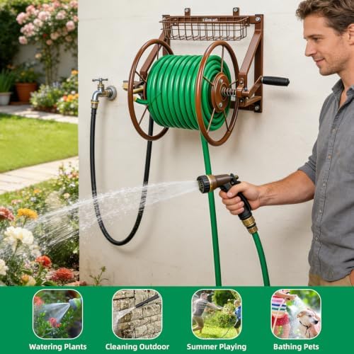 WERMAH Wall Mount Garden Hose Reel, Heavy Duty Metal Holds 155ft 5/8" Hose - Image 2