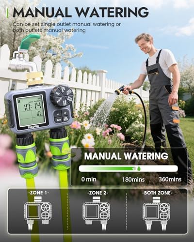Insoma 2-Zone Sprinkler Timer with Brass Inlet, Water Hose Timer with Auto/Manual Modes + Rain Delay, Big LCD Display, for Garden, Yard Lawn, IPX5 Waterproof & Save Water - Image 4