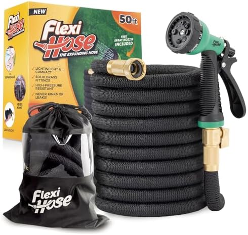 Flexi Hose Plus Expandable Garden Hose with 8 Function Nozzle, 50FT - Lightweight Retractable Garden Hose, Water Hose - No-Kink Flexibility, 3/4 Inch Solid Brass Fittings Includes Hook & Bag by FlexiHose