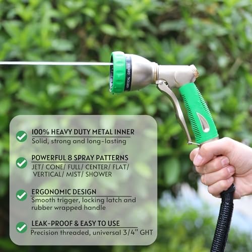 HOSUN Garden Hose Nozzle Sprayer Heavy Duty, 100% Metal Water Hose Nozzle with 8 Spray Patterns, High Pressure Hose Spray Nozzle with Non-Slip Grip for Watering Plant & Lawn, Washing Car & Pet, Green - Image 3