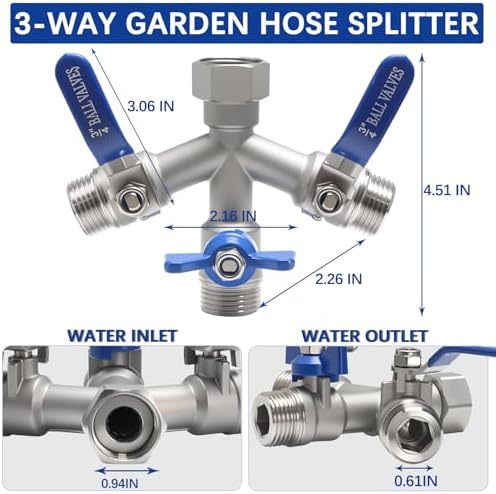 304 Stainless 3-Way Garden Hose Splitter, Full Flow Y Valve 3/4" GHT - Image 2