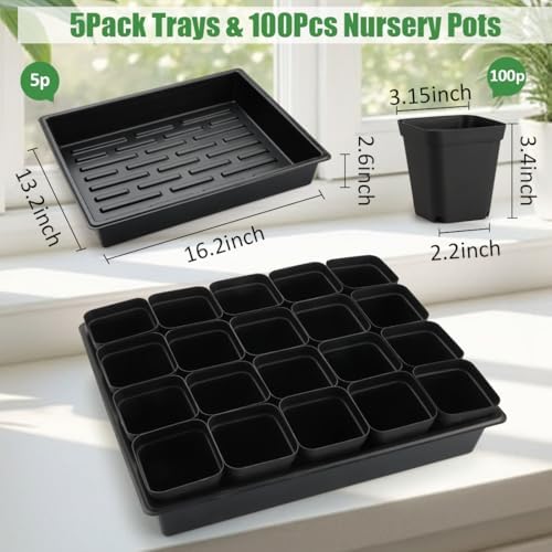 RooTrimmer 3.15 inch (8CM) Square Nursery Pots 100 pcs, Sturdy Seedlings Trays 5 Pcs, Seeds Starter Germination Tray, Microgreening Planter Nursery Propagation 5 Sets - Image 2