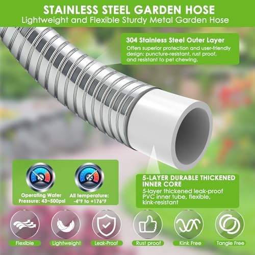 Stainless Steel Garden Hose 25 ft - 304 Stainless Steel Kink-Free Metal Water Hose with Shut-Off Valve & Hose Straps, Heavy Duty, Rust/Puncture Proof for Yard, Lawn and Car Washing, 25 Feet - Image 3
