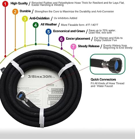 Soaker Hose 75ft - 5/8 Round Rubber Garden Soaker Hoses, Heavy Duty Irrigation Drip Hose, Water Seeper Soaking Hose for Gardens, Flower Beds And Lawn Yard - Image 4