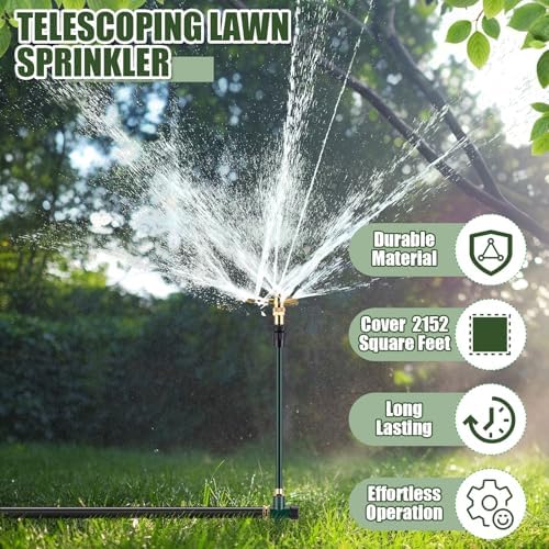 Funnymoom 2 Pack 3-arm Rotating Telescoping Sprinkler 360 Degree Swivel Garden Sprinkler High Rise Lawn with Step Base up to 41.7 Inch for Large Area Coverage (Green) - Image 6