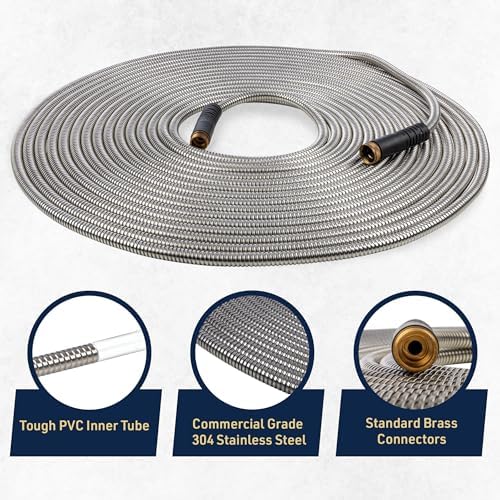 Stainless Steel Garden Hose 75 ft Outdoor Heavy Duty Flexible Metal Water Hose, Non Kink, Leak Proof, Tear and Puncture Resistant, Rust and Corrosion Free, 1/2” Diameter by Kings County Tools - Image 2