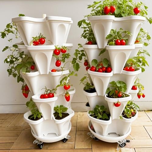 Strawberry Planters, 7 Tiered Vertical Stackable Planter, Herb Stacking Tower Garden, Flower Vegetable Planters with Support Pole, Indoor & Outdoor with Removable Wheels - White - Image 6