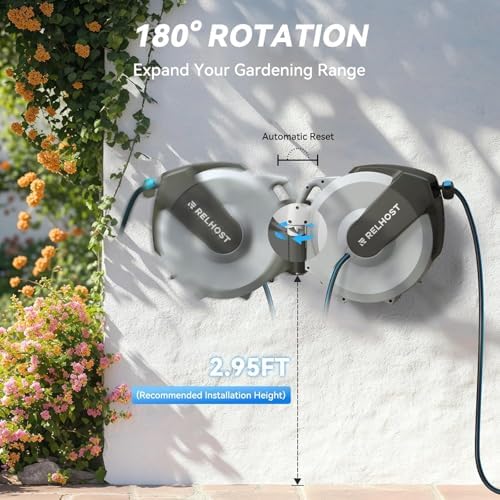 Retractable Garden Hose Reel, 1/2 in x 100 ft Wall Mount Heavy Duty Hose Reel with Any-Length Lock, Auto Rewind System, 180° Swivel Bracket, and 10-Pattern Nozzle for Garden, White & Grey - Image 5