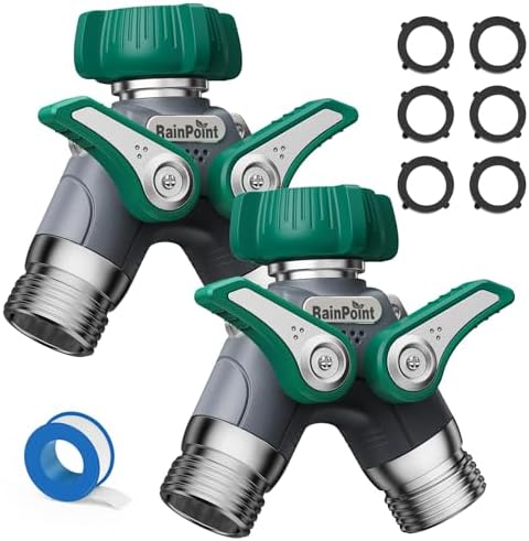 RAINPOINT Garden Hose Splitter 2 Way Heavy Duty, 3/4'' Connector Water Hose Bib Y Spigot Splitter with Shut-Off Valve, 100% Metal Body Outdoor Water Faucet Adapter Fittings (2 Pack) by RainPoint