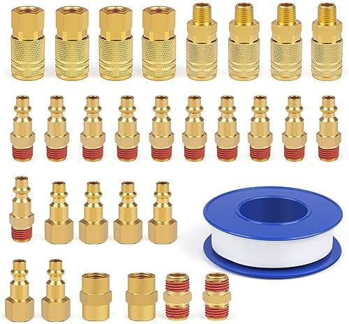 Industrial Air Coupling 30Pieces,1/4" Hose Barb, 1/4" Basic Flow Quick Connect Air Coupler With Adhesive Tape, Max Inlet Pressure 300 PSI Brass Air Compressor Accessories by Milosline