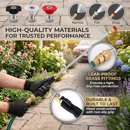 Sakerplus Pressure Washer Wand for Garden Hose, 17.5" Hydro Jet Power Washer Wand with 3 High-Pressure Nozzles, Brass Quick Connect Garden Hose Nozzle for Car Wash, Patio,and Window Cleaning (3 set) - Image 4