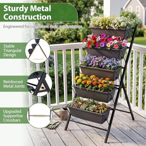 Giantex 5-Tier Vertical Garden Planter, Raised Garden Bed w/Drainage System & Removable Tray, Metal Frame Elevated Planter Boxes for Herb Vegetable Flower Grow, Outdoor Indoor Patio Balcony Backyard - Image 5