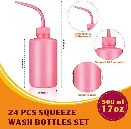 Dandat 24 Pack Tattoo Squeeze Bottle Bulk 500ML/17oz Plastic Safety Wash Bottles Narrow Mouth Lab Squeeze Bottle LDPE Squirt Plants Watering Irrigation Tools Lash Rinse with Scale Labels - Image 2