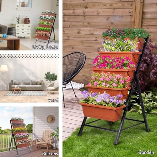 Homdox 5-Tier Elevated Garden Bed- Freestanding Vertical Raised Bed for Gardening, 5 Garden Planter Boxes and 5 Hooks, Perfect to Grow Vegetables Herbs Flowers Indoor(Brick Red) - Image 2
