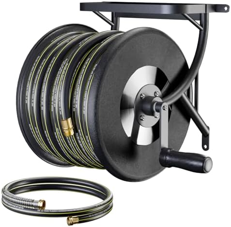 Heavy Duty Wall Mounted Garden Hose Reel, 130ft Rubber Hose 5ft Leader Hose by Wurzberge
