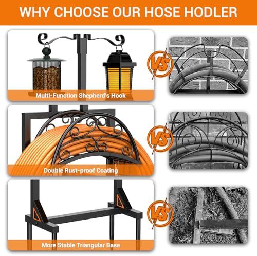 Garden Hose Holder with Shepherds Hooks - Freestanding Metal Water Hose Holder Stand Holds 160ft, Heavy Duty Garden Hanger Storage Rack for Outside Yard Lawn Farm - Image 4