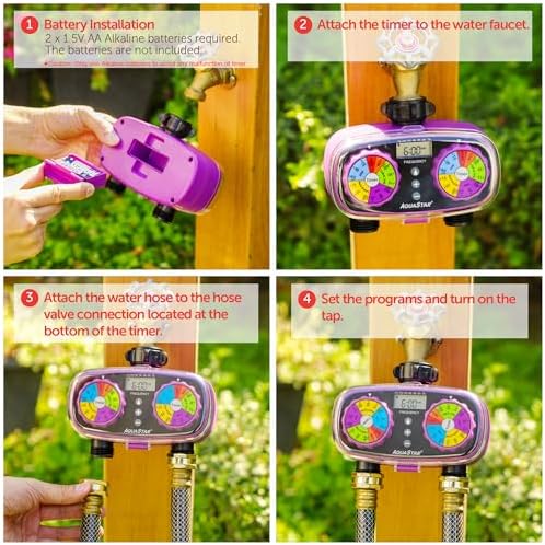 AQUASTAR Two-Zone Hose Watering Timer (Purple), Automatic Irrigation for Lawn, Garden, Yard, Two Outlets - Image 5