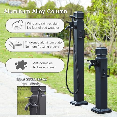 Vertical Square Garden Water Column, Outdoor Antifreeze Hose Stand Double Outlet Faucet with Spray Gun, Water Dispenser Hydrant for Irrigation and Washing(95cm/37in) - Image 3