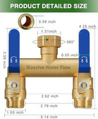 Hose Splitter 2 Way Heavy Duty, Full Flow Garden Hose Splitter with 2 Long Metal Handles, Brass Rust and Freeze Resistant Water Hose Bib Splitter, T Adapter Connector with 3/4 - Inch GHT Thread（Blue） - Image 2