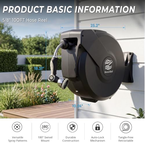 Retractable Garden Hose Reel - 5/8 in x 100 ft Automatic Wall Mount Automatic Water Hose Reel with 10 Patterns Nozzle, Heavy-Duty Aluminum Mount, 180° Swivel, Auto-Lock for Outdoor Watering - Image 5