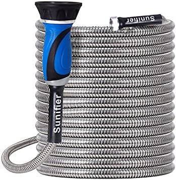 Metal Garden Hose 50 Ft With Hose Nozzle, Flexible Stainless Steel Garden Hose 50 Ft, Heavy Duty Water Hose for Outdoor Garden Watering Washing (50FT) by Sunifier