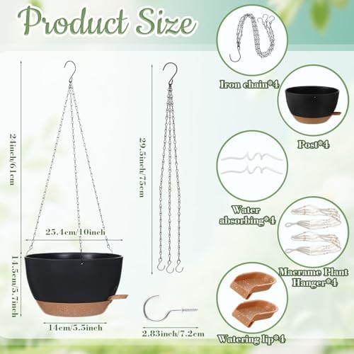 Sliner Set of 4-10 Inch Self Watering Hanging Planters Includes Hanging Pots and Outdoor Hanger Plant Pots with Drainage Holes 2 Types of Hanger Basket Hooks for Patio Garden(Black Brown) - Image 2