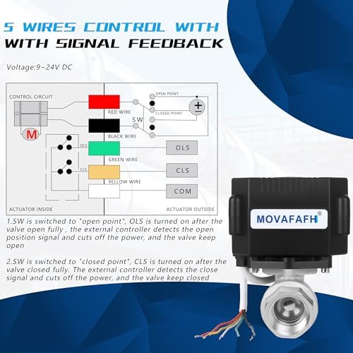 1/4" Motorized Ball Valve 5 Wire - 9-24V DC Electric Water Valve, Full Port Automatic Ball Valve, Compatible with Indicator Lights for Open/Closed Position, Stainless Steel, IP67 - Image 4