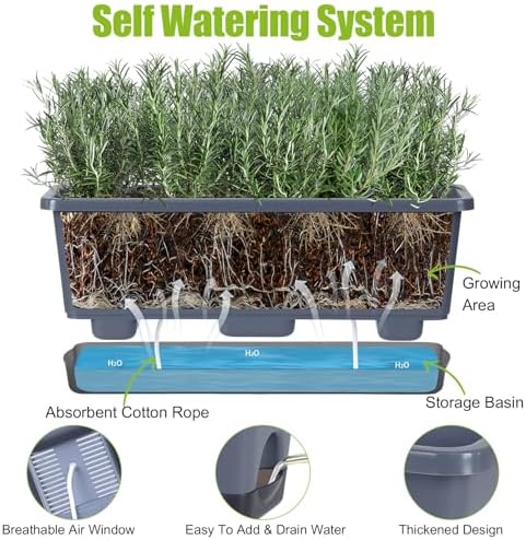 Window Box Planter 4 Packs, 17 Inches Rectangle Flower Pots with Drainage Holes & Trays, Pots for Vegetables, Herbs, Flowers, Garden Windowsill Balcony (Grey, 17 * 5.1 * 6 inch) - Image 7