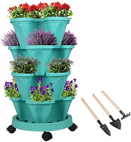 GameXcel Vertical Planter Tower - 4 Tier Stackable Garden Planters with Wheels and Tools Plant Pots for Strawberry Herb Flower and Vegetable Indoor Outdoor Use Teal by GameXcel