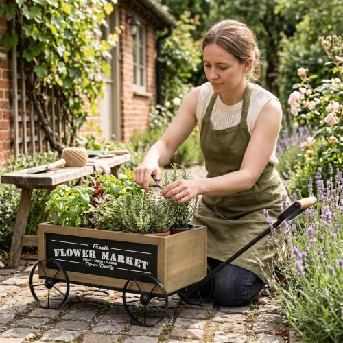 Wooden Wagon Planter with Iron Wheels, 16.5 Inch, Brown - Image 6
