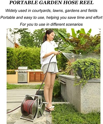 Heavy Duty Stainless Steel Garden Hose Reel with Nozzle, Wall Mounted or Portable Tote Cart for Easy Water Pipe Storage and Organization - Image 3