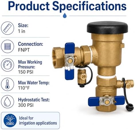 1" Pressure Vacuum Breaker Assembly – Bronze Body, Dual Shutoff Valves, Protective Top Cap, 1 in FNPT, Integrated Test Cocks – Durable Backflow Preventer for Irrigation & Lawn Systems - Image 3