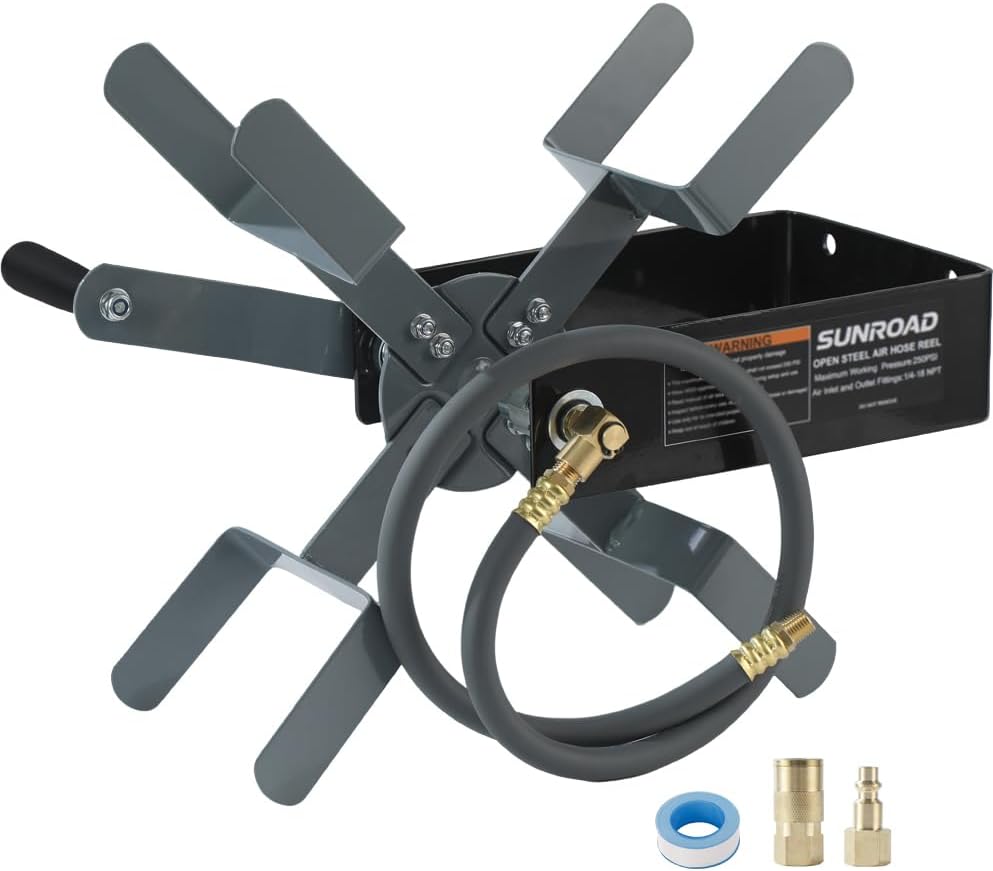 Manual Air Hose Reel with Hybrid Lead-in Hose, Heavy Duty Steel Wall Mount Hose Reel, Fits 100ft x 3/8" Hose, Hand Crank Hose Reel with 1/4" NPT 6-Ball Coupler, Brass Plug & Thread Seal Tape by SUNROAD