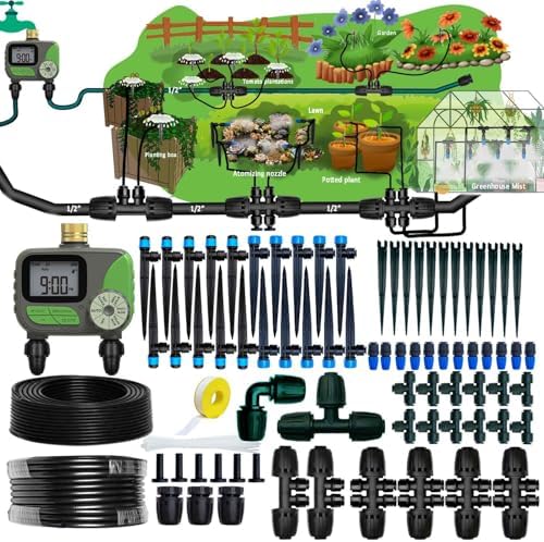 Drip Irrigation System with Water Timer for Garden,Main ID 1/2inch 32Ft and 1/4inch 136Ft Water Hose, 2-Zone Automatic Watering System Sufficient Water, Irrigation Dripper Waterflow Evenly Easy DIY by FesmTek