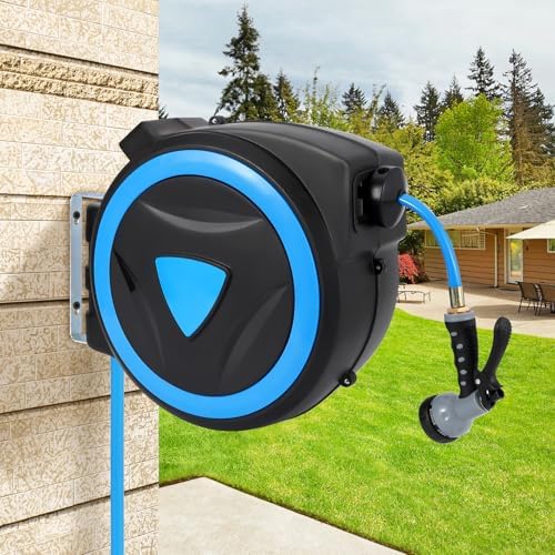 Retractable Garden Hose Reel, 1/2 Inch x 100 Ft Water Hose Reel Wall Mounted, Any Length Lock, Slow Auto-Rewind, 9 Function Spray Nozzle & 180° Swivel Bracket, Garden Watering, Hose Storage by Unknown