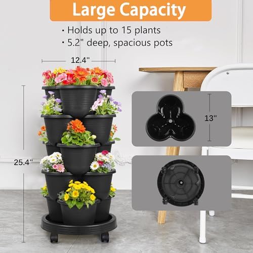 VECELO 5 Tier Vertical Garden Planter, Self Watering Stackable Planters with Wheels for Strawberries, Herbs, Flowers, Vegetables, Black - Image 5