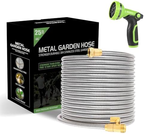 Metal Garden Hose 25 ft Water Hose 304 Stainless Flexible Lightweight Outdoor Yard Strong Durable Heavy Duty Hose Pipe with 10-Way Nozzle Solid 3/4" Brass Connectors No Kink Leakproof Outside by Takuvan