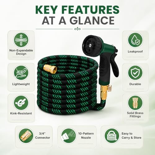 25 FT Premium Non-Expanding Garden Hose Ultra Lightweight, 25FT Watering Hose with 10 Function Nozzle, Kink & Tangle-Free, Leakproof & Pressure Resistant for Yard/Lawn/Camping (Black&Green) - Image 6