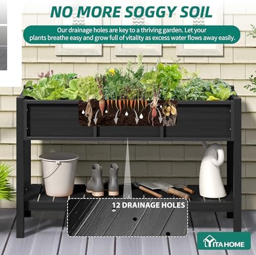 YITAHOME 48x18x30in Raised Garden Bed HDPE, Weather-Resistant Poly Lumber Planter Box with Legs & Storage Shelf, Elevated Garden Bed for Yard, Garden, Balcony - Black - Image 4