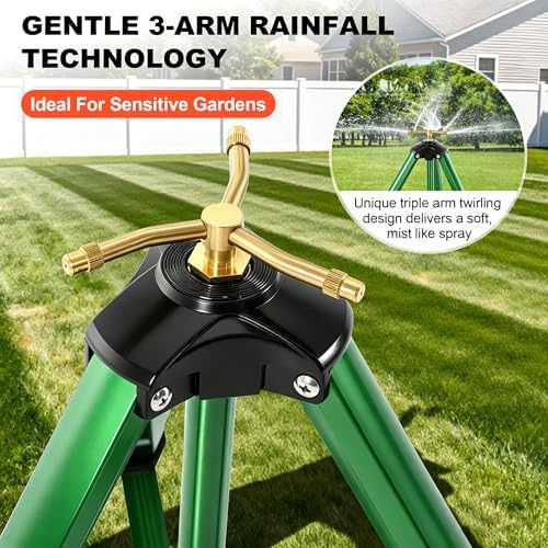3-Arm Sprinkler Head on Telescoping Tripod Base with 2 Sprinkler Extensions, Heavy Duty Lawn Sprinklers, 360 Degree Large Area Irrigation, Solid Metal Extension Legs & Bottom Spikes - Image 5