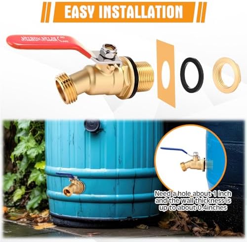 JaGely 3 Pack Brass Rain Barrel Spigot Kit 3/4" Inlet to 3/4"GHT Thread Outlet Water Tank Faucet 55 Gallon Drum Outdoor Rain Bucket Spigot with Bulkhead Fitting, Tape, Traction Rope (Orange) - Image 3