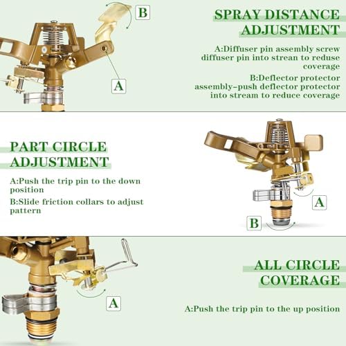 Ferraycle 4 Pieces 1/2 Inch Brass Impact Sprinkler Head with Nozzles Heavy Duty Adjustable 0-360 Degrees Impulse Sprinkler Head Lawn Watering for Yard Irrigation - Image 2