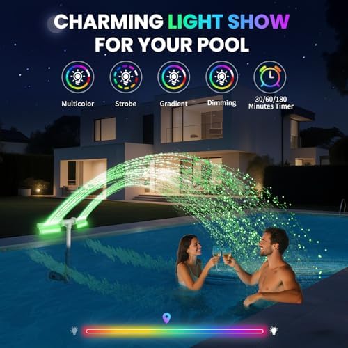 Swimming-Pool Waterfall Fountain w/Colorful Led-Lights - 7 Color Changing Above/Inground Pool Fountain Lights with Remote, Water Sprinkler Adjustable Height Pool Sprayer for Outdoor Yard Decoration - Image 2