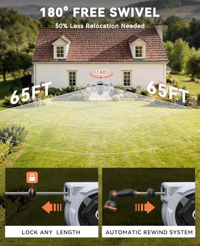 SUNPOW Retractable Garden Hose Reel - 5/8in x 65ft Heavy Duty Wall Mounted Hose Reel with 3/4in Brass Fitting & 10 Function Nozzle - Any Length Lock, Auto Rewind System, 180°Swivel Bracket - Gray - Image 4