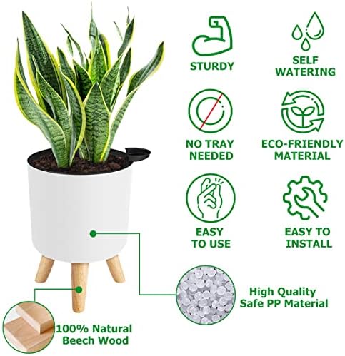 6.5" Self Watering Planters (2 Pack) for Indoor Plants with Water Indicator, White Modern Flower Pot with Wood Stand for Office Home Decor Garden - Image 3
