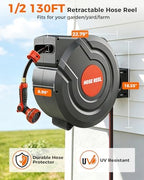130 FT 1/2 Inch Retractable Garden Hose Reel 180° Swivel Automatic Slow Return Any Length Lock Hose Reels for Outside 9 Pattern Sprayer Nozzle UV Resistant - Image 2