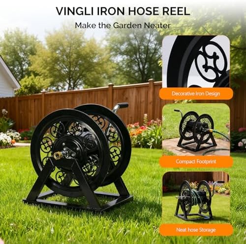 VINGLI Decorative Hose Reel, Wall Mount Water Hose Reel for Garden Outside with Heavy Duty Portable Rolling Design Metal, 108FT Capacity for 3/4" Hose for Outdoor Use (Black) - Image 2