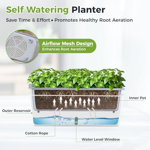 2 Pack Rectangular Planter 17 x 4.5 in Self Watering Planter Window Sill Planters Indoor Rectangle Planter Self Watering Pots Plastic Plant pots with Drainage Holes White Flower Pot Indoor - Image 4