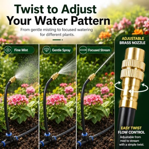 5/16" Drip Irrigation System 100 ft for with 20-Pcs 360° Adjustable Copper Nozzles for Garden, Automatic Misting Watering Sprinkler System Raised Beds, Greenhouse (100ft+20 nozzles) - Image 6