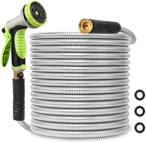 Metal Garden Hose 50ft Stainless Steel Hose Heavy Duty Flexible Water Hose with 10 Way Spray Nozzle Durable 3/4 Solid Brass Fittings-Outdoor Yard Lightweight No Kink Collapsible Water Pipe by Svansea